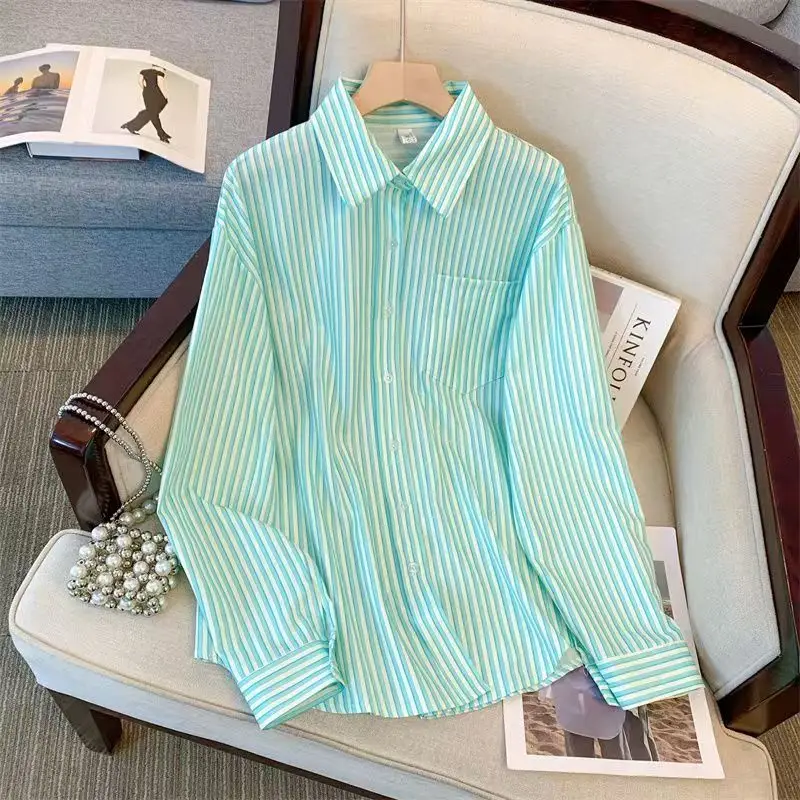 

Pink Green Striped Shirt for Women Oversize Button-up Turn-down Collar Long Sleeve Blouse Ladies Tops Spring Autumn Outfit 2025