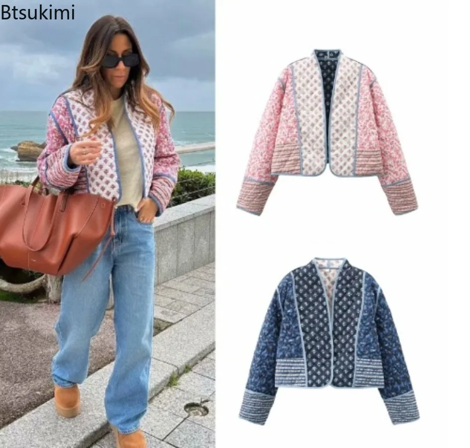 New 2026 Autumn Women's Fashion Reversible Quilted Jacket Vintage Floral Print Long Sleeve Cardigan Coat Chic Woman Streetwear