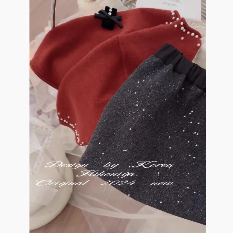 تنورة صوفية مطرزة للفتيات لخريف وشتاء 2025 تنورة بناتي كورية جديدة على الموضة تنورة فتاة على شكل حرف A