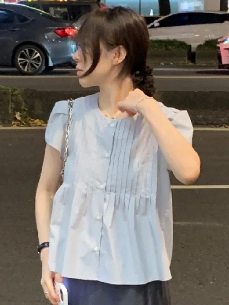 Slimming Short Sleeve Shirt Women's Fashionable Design Bubble Sleeve Waist-Cinching Chic Top for Commuting Street Style And T...