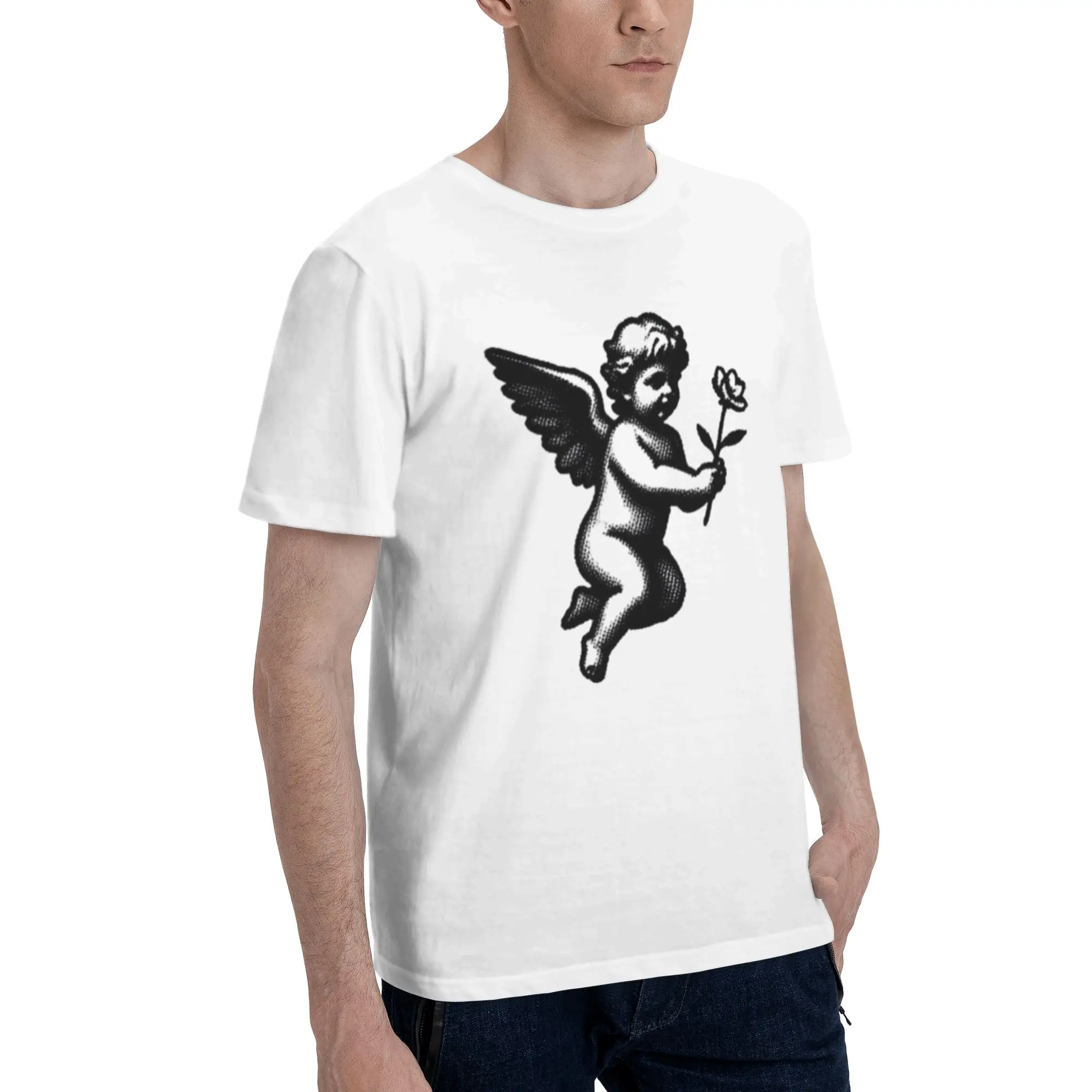 Cherub Angel Holding Rose Black Engraving Tattoo Men T Shirt Creative Tees Short Sleeve Crew Neck 100% Cotton Original Clothing