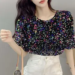 Casual Streetwear Short Sleeve Sexy Crop Tops Elegant Lady T-Shirts O-Neck Blusa Women Fashion Party Glitter Sequin Shirt