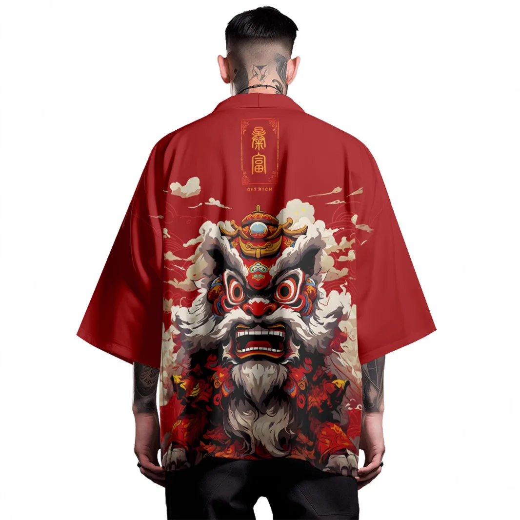 2025 Cardigan rosso da uomo Haori Anime Lion Dance Stampa Kimono Harajuku Donne giapponesi Spiaggia Yukata Samurai Abbigliamento