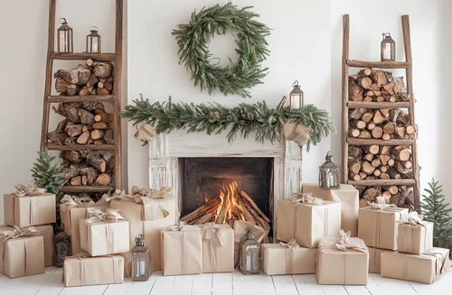 Imagen 2 del producto Fondo de Navidad blanco fotografía invierno Navidad chimenea regalo corona Interior decoración de fiesta árbol de Navidad foto fondo