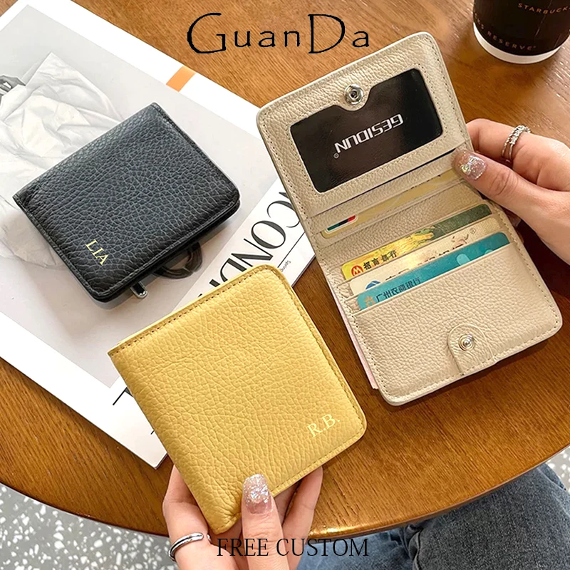 Custom Name Woman Luxury Folding Wallet Genuine Leather Lady Simple Card Holder Engraving ID Card Wallet Zip Coin Purse Gift