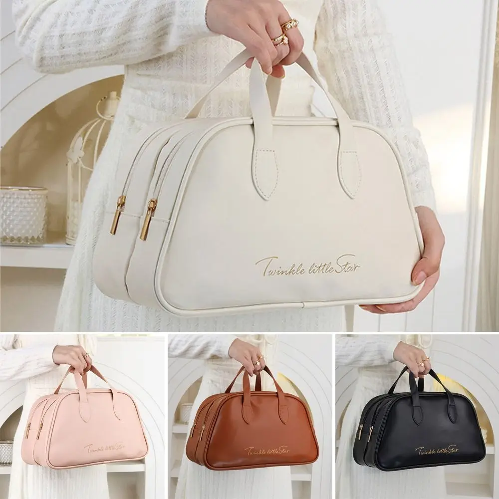 Borsa cosmetica da viaggio di grande capacità a doppio strato borsa per trucco portatile in PU borsa da bagno impermeabile per donna borsa