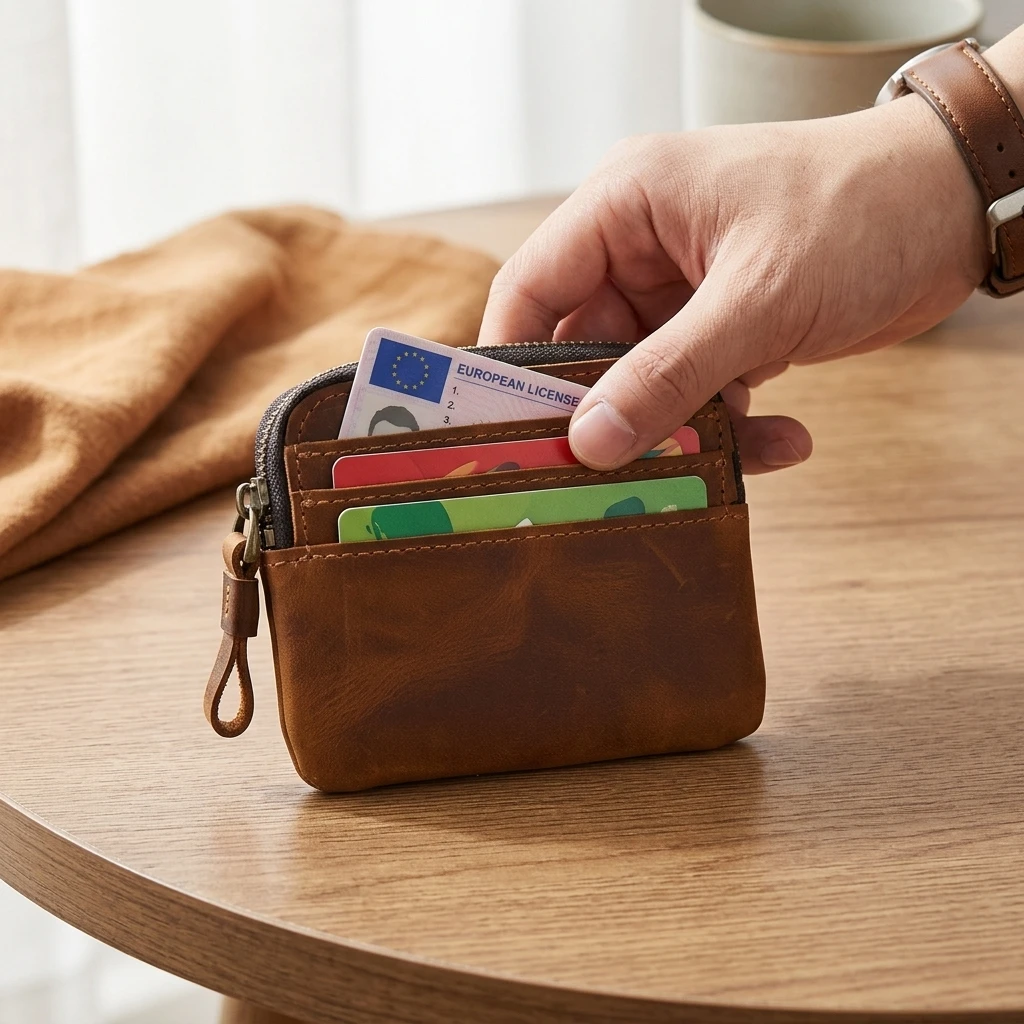 1pc Driver License Wallet Vintage Crazy Horse Leather Card Holder Retro Handcrafted Men's Slim Pouch for Daily Use Durable