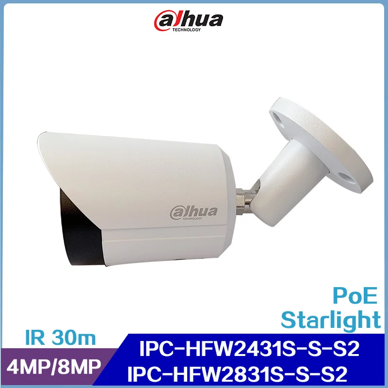 

Dahua IPC-HFW2431S-S-S2 and IPC-HFW2831S-S-S2, 4MP/8MP Lite IR 30m Fixed-focal Bullet Network Camera,Support Starlight, POE