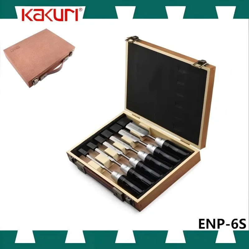 Japan KAKURI ENP-6S Extended Wood Chisel Set - 6 Pcs with Storage Case, Flat Chisels for Woodworkers
