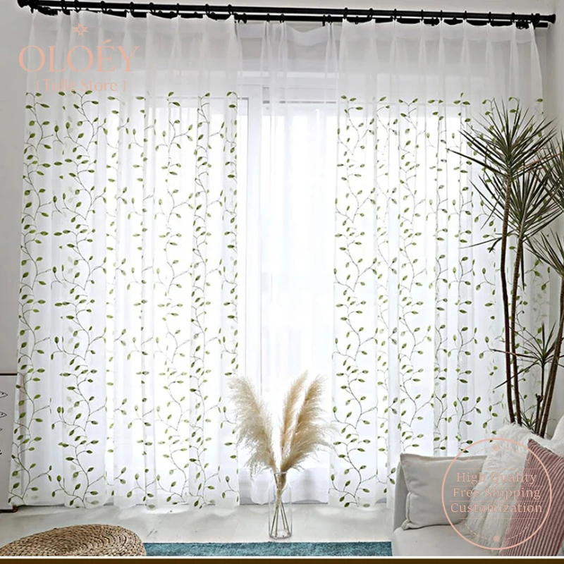 

Embroidery Leaves Sheer Tulle Curtains for Living Room Kitchen Window Voile Bedroom Children Door Nature Inspired Drapes Sheer