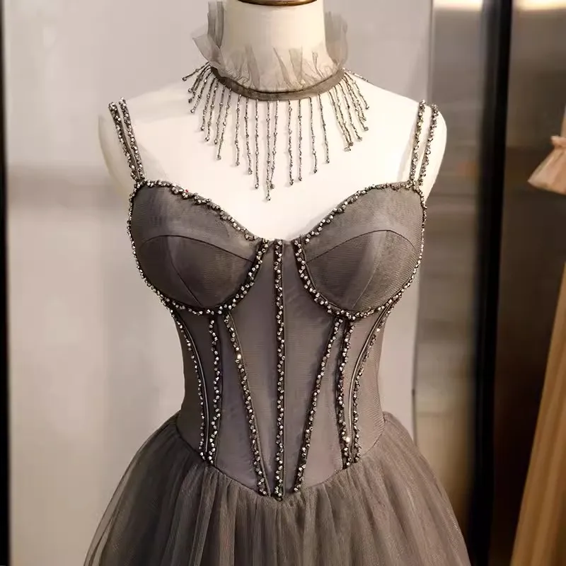 Real Picture Coffee Grey Women Evening Dresses Spaghetti Strap Bead Illusion A Line Prom Wedding Party Dress Formal Wear Vestido