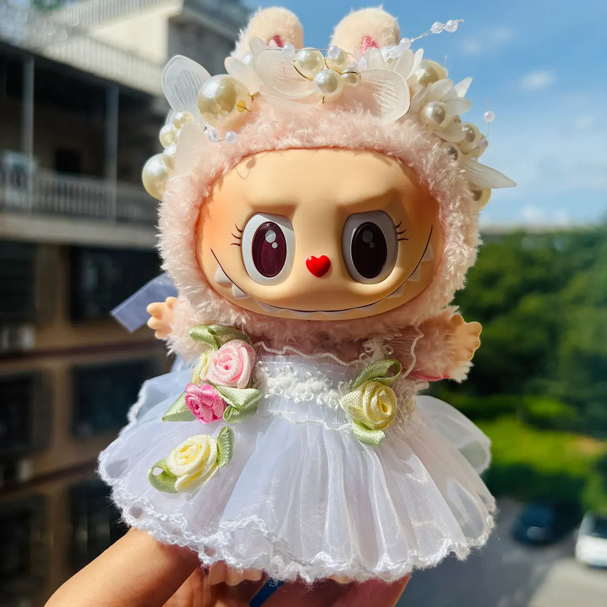 Luxury Plush Wedding Dress Dolls Clothes for Labubu I II Korea Style Fluffy Romantic Wedding Dress Flower Hat Suit for Ladbubu