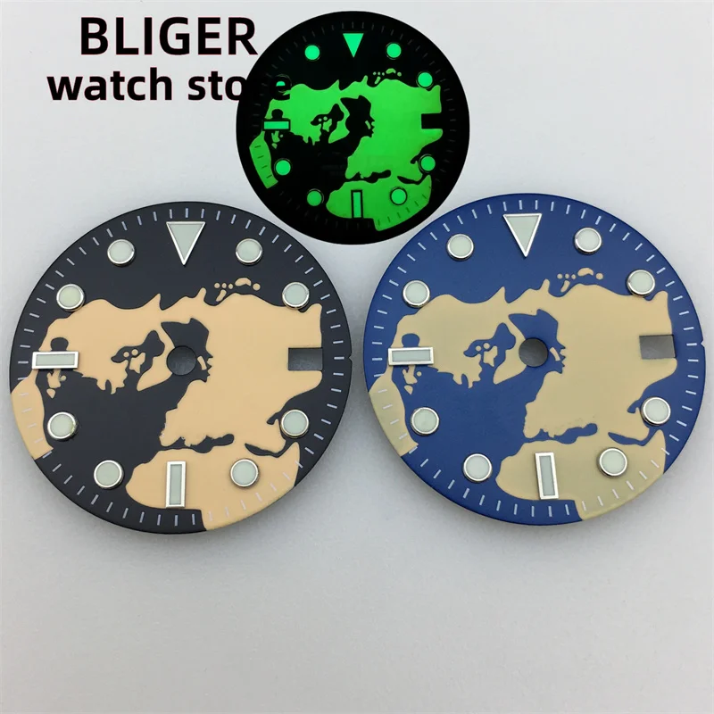 BLIGER 2023 New 29mm dial Blue Black dial Green luminous fit NH34 NH34A movement fit 3 o 'clock and 3.8 Crown