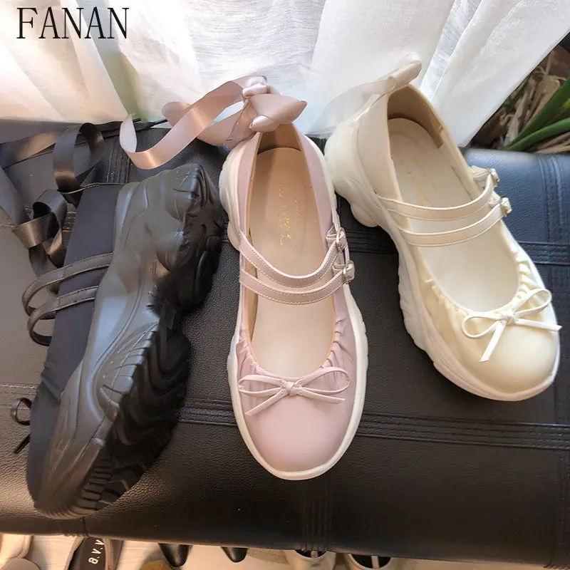 Spring Japanese Style Bows Ribbon Thick Sole Heightened Mary Jane Shoes Sweet All Year Round Women's Flats Autumn 2026 New