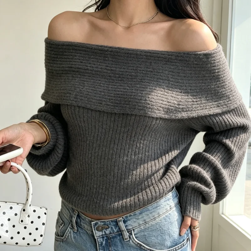 New Preppy Spring and Autumn Off Shoulder Simple Solid Color Knitted Sweaters Korean Slash Neck Casual Women's Pullover Top