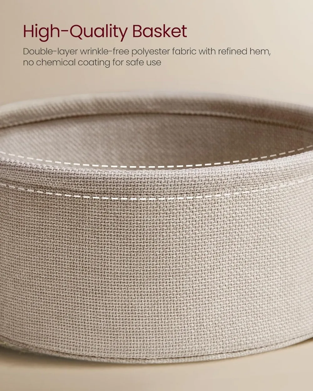 Modern Round Side Table with Fabric Storage Basket, Small Nightstand in Matte White and Brown