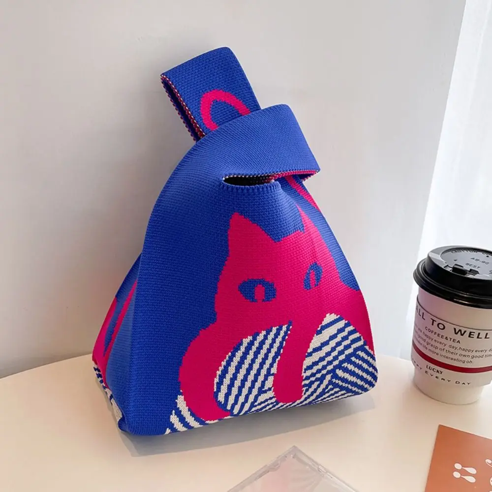 Casual Mini Knot Wrist Bag Handmade Cat Knit Handbag Women Solid Color Tote Bag Shoulder Bag Reusable Niche Design Shopping Bag