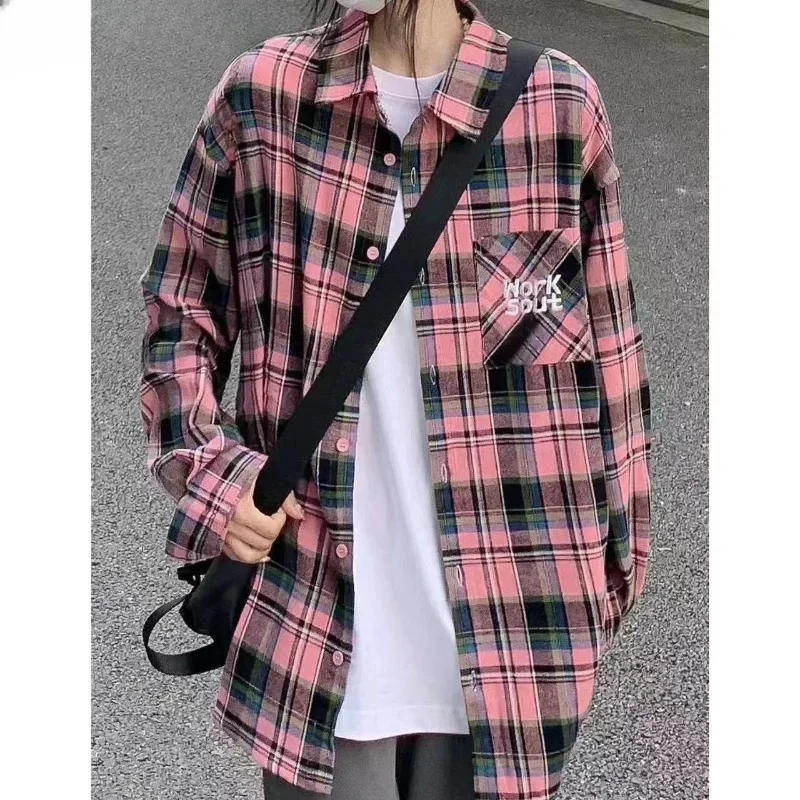 DAYIFUN Checkered Pocket Design Women's Long Sleeved Shirt Japanese Vintage Versatile Girls Blouse Spring Loose Casual Top