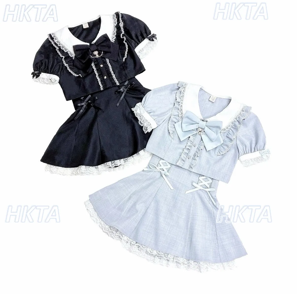 Original Japanese Women Clothes 2026 Summer New Bow Tie High Waist Short Sleeve Shirt Tops High Waist Short Pleated Skirt Set