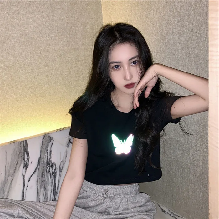 Y2K Summer Corset Reflective T-shirt Women Kpop O-neck Butterfly Short Sleeves Crop Top Sexy Vintage Tee Tshirt Woman Clothing