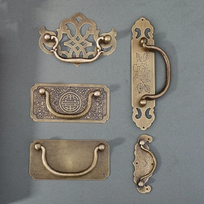 Manija de estantería de latón antiguo, tirador de puerta de armario, armario, manija de cocina china de cobre puro, accesorios d