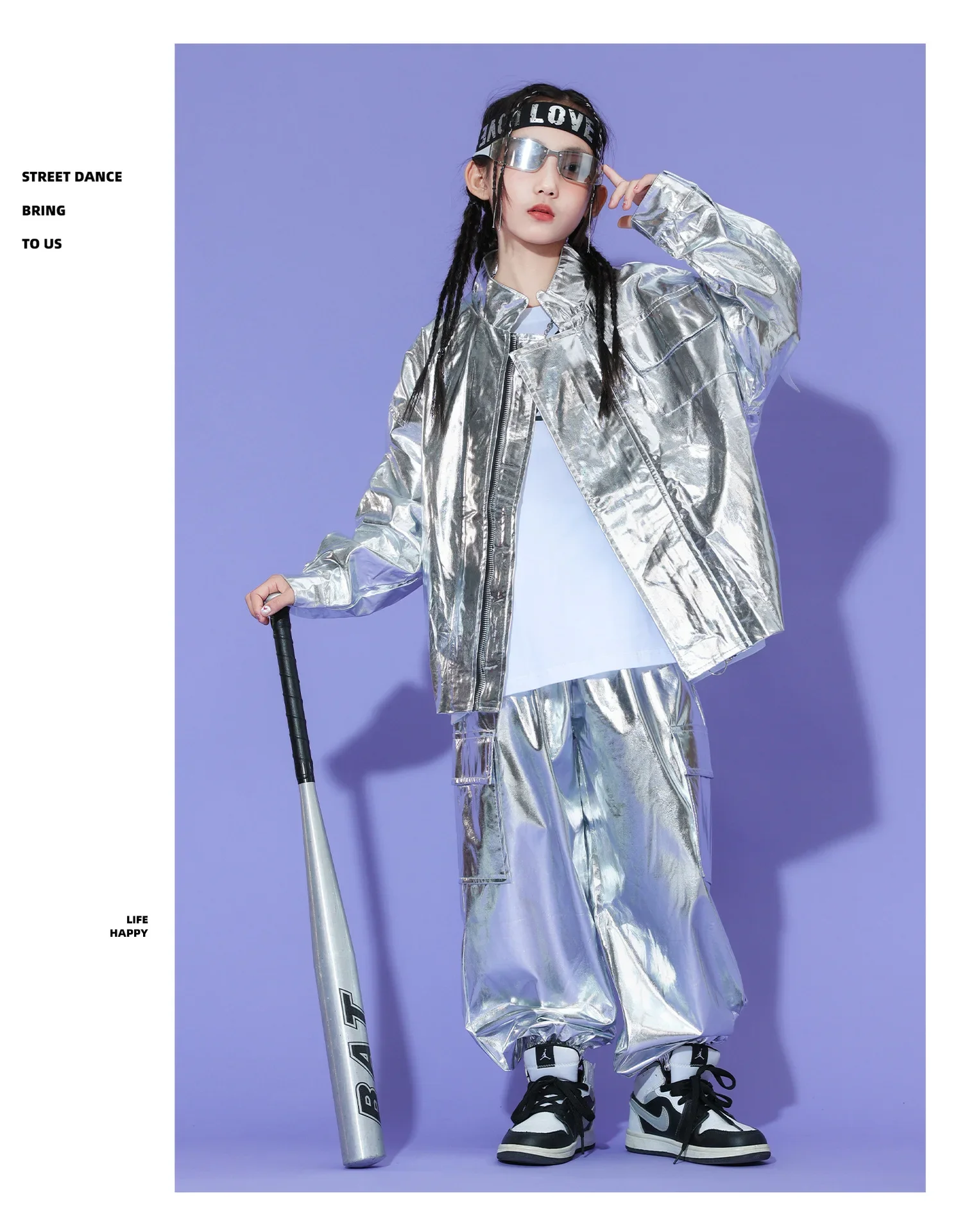 Neues Kinder-Hip-Hop-Set aus glitzerndem silbernem Leder, Bühnenkostüm für Mädchen, Street-Dance-Kopf-Performance-Kostümset für Jungen – Detail 10
