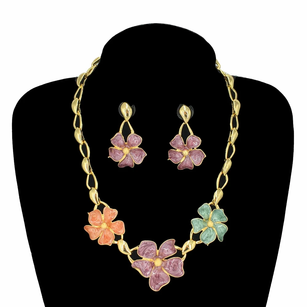 

Newest Luxury Colorful Dubai Goldplated Jewelry Set Ladies Exquisite Flower Necklace Earrings Mama Gift FHK16396