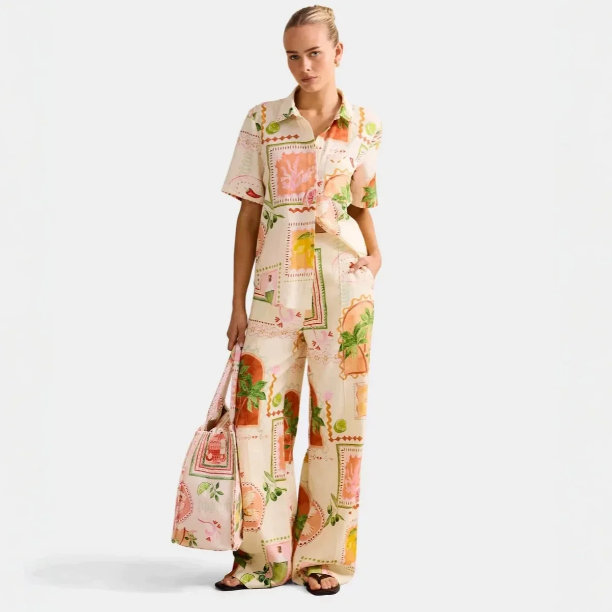Ensemble deux pièces décontracté pour femme, style vacances 2026, chemise à manches courtes en lin imprimé et pantalon long à jambes larges, tenue ample pour le quotidien et les vacances