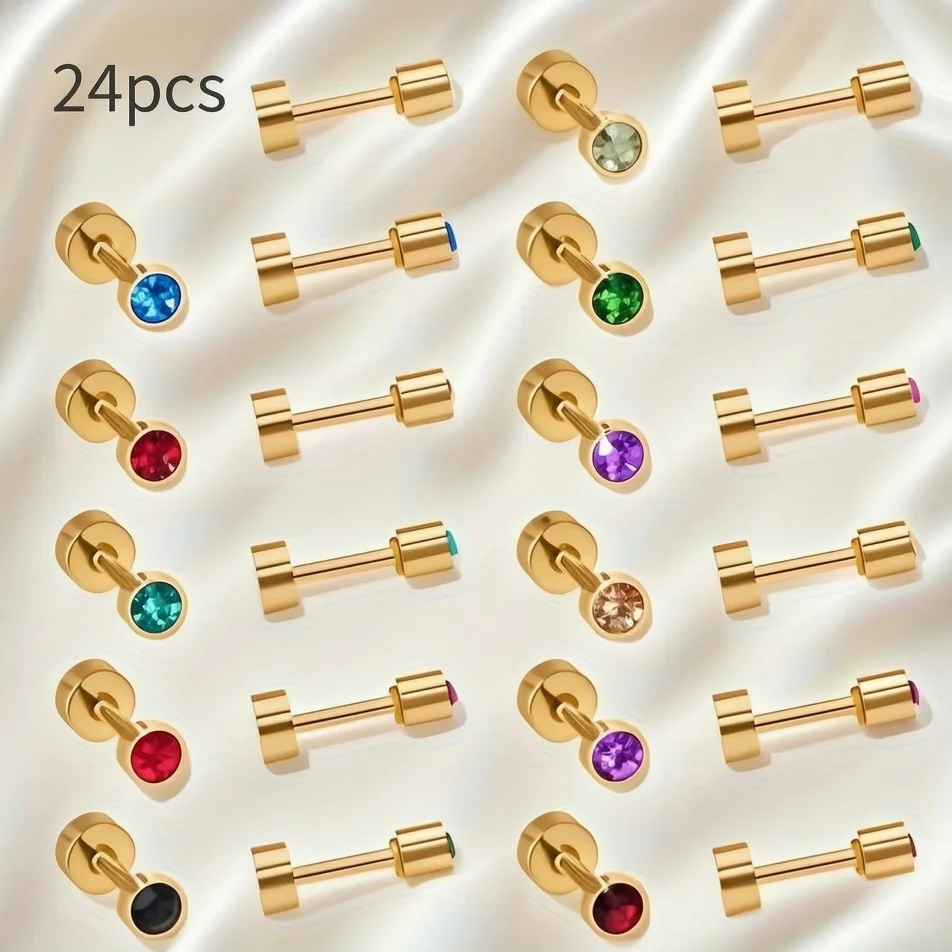 24pcs/12 Pairs 3/6mm Mixed Zircon Stud Earrings Stainless Steel Cylinder Ear Studs Unisex for Mother's Day Gift Daily&Party Wear