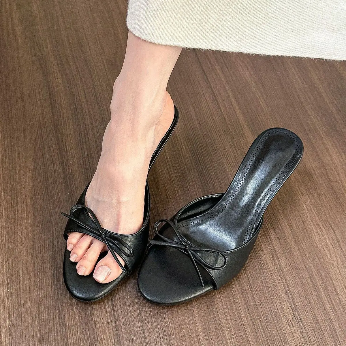 Satin Butterfly-knot Women Slippers Fashion Polka Dot Party Dress Slides Thin High Heel Ladies Elegant Slides Pump - view 4