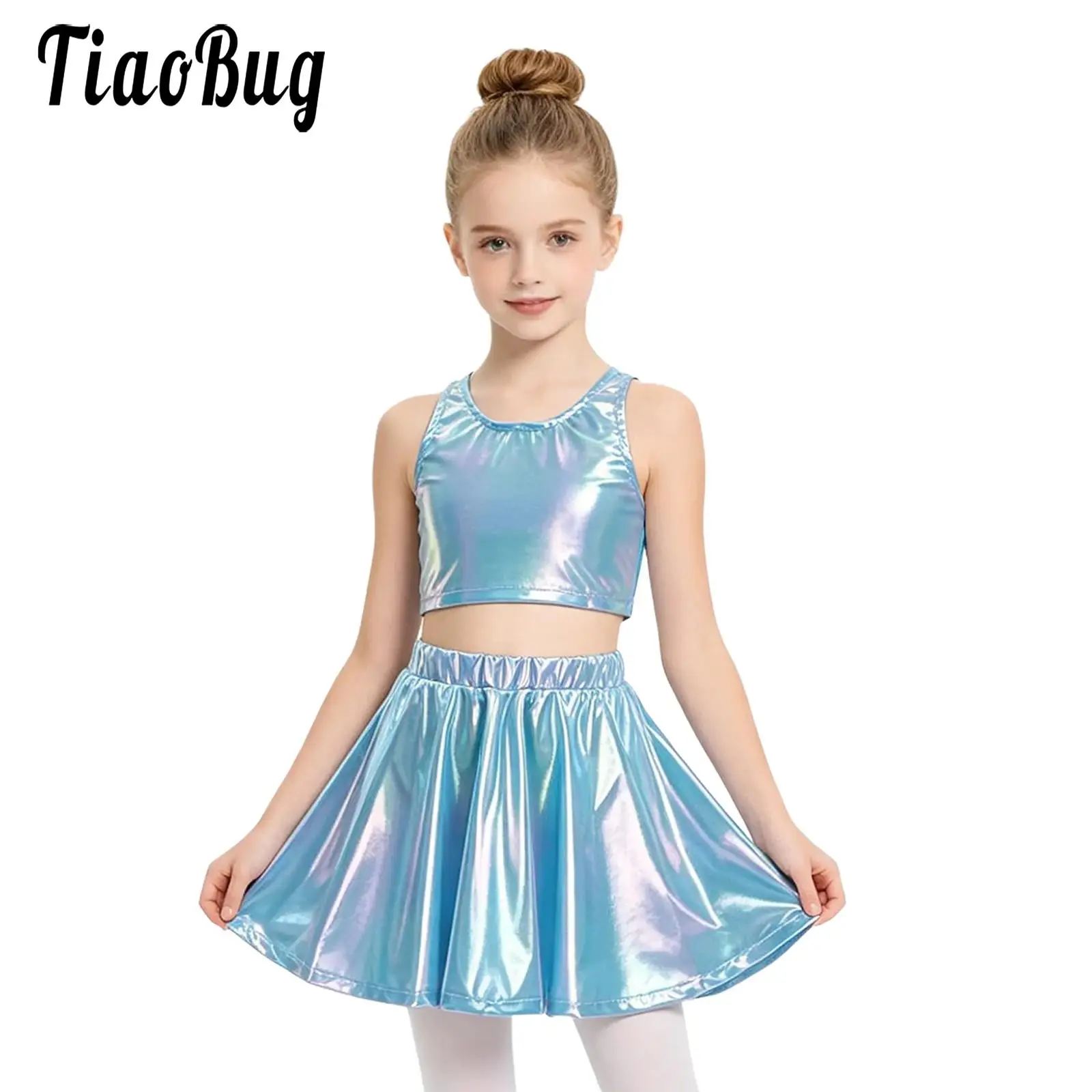 Kids Girls Shiny Metallic Modern Jazz Dance Outfit Sleeveless Crop Top with Tutu Skirt Set for Hip Hop Cheerleading Performance
