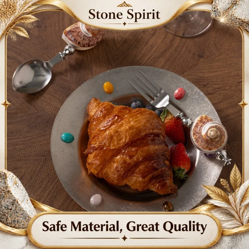 Vintage Round Natural Stone & Stainless Steel Serving Tray, Fusion Bread Fruit Dessert Plate, Home Kitchen Food Display Platter