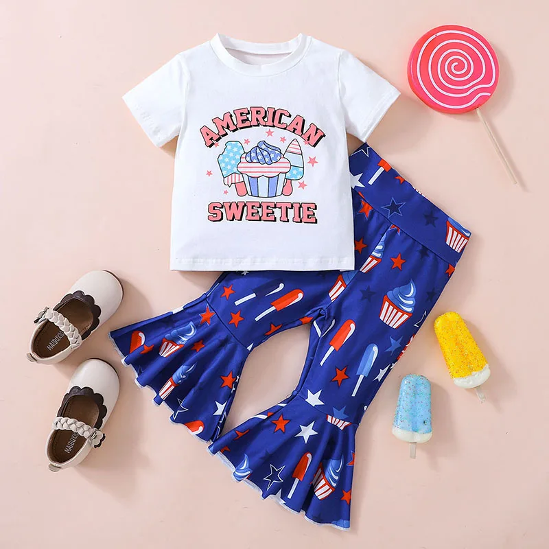 

Girls Short Sleeve Crew Neck Graphic T-shirt with Matching Flare Pants featuring Fun Dessert Prints