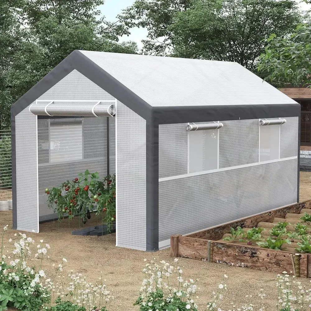 12ft x 7ft Walk-In Outdoor Tunnel Greenhouse with PE Cover, Steel Frame, 2 Roll-Up Doors and 4 Windows, Ideal for Vegetables and