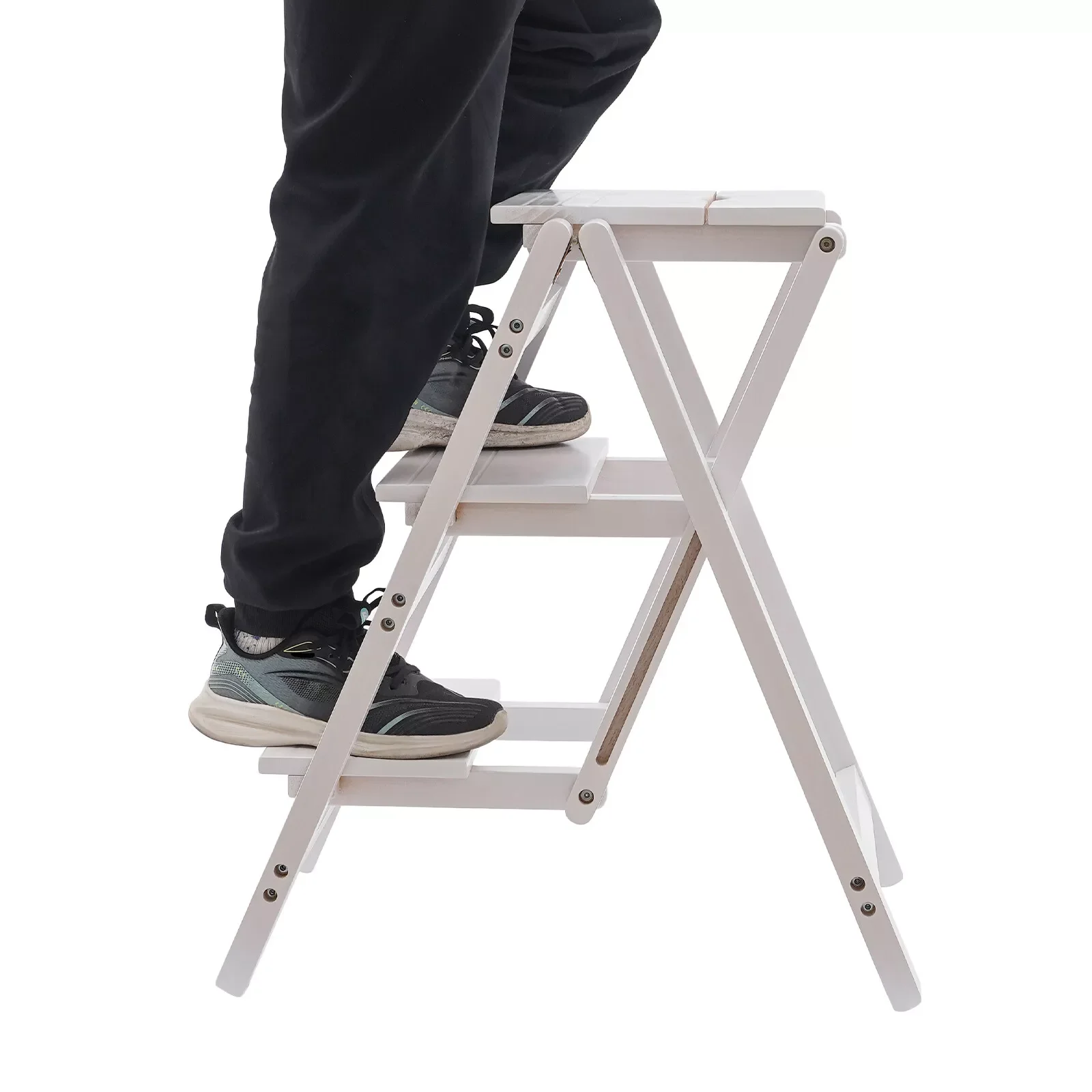 Folding Step Ladder 3-Layer Folding Wooden Step Stool Anti-Slip White 100kg