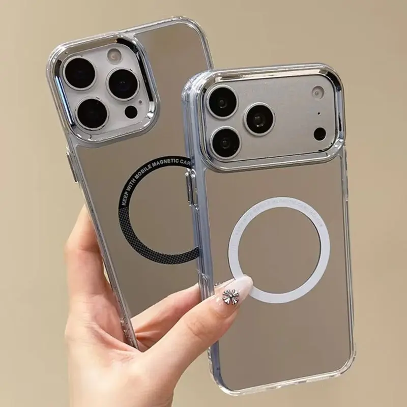 Elegant Minimal Makeup Mirror Phone Case for 17 Pro Max Wireless Charging Magnetic TPU Protective Cover for iPhone 16 15 14 13
