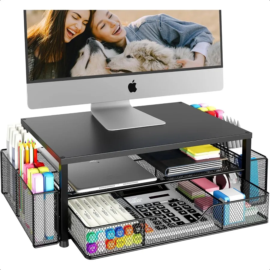 

Desk Organizer and Accories 2Tier Computer Monitor Stand Riser with Drawer and 2 Pen Holders Laptop Stand Office Desk Accories