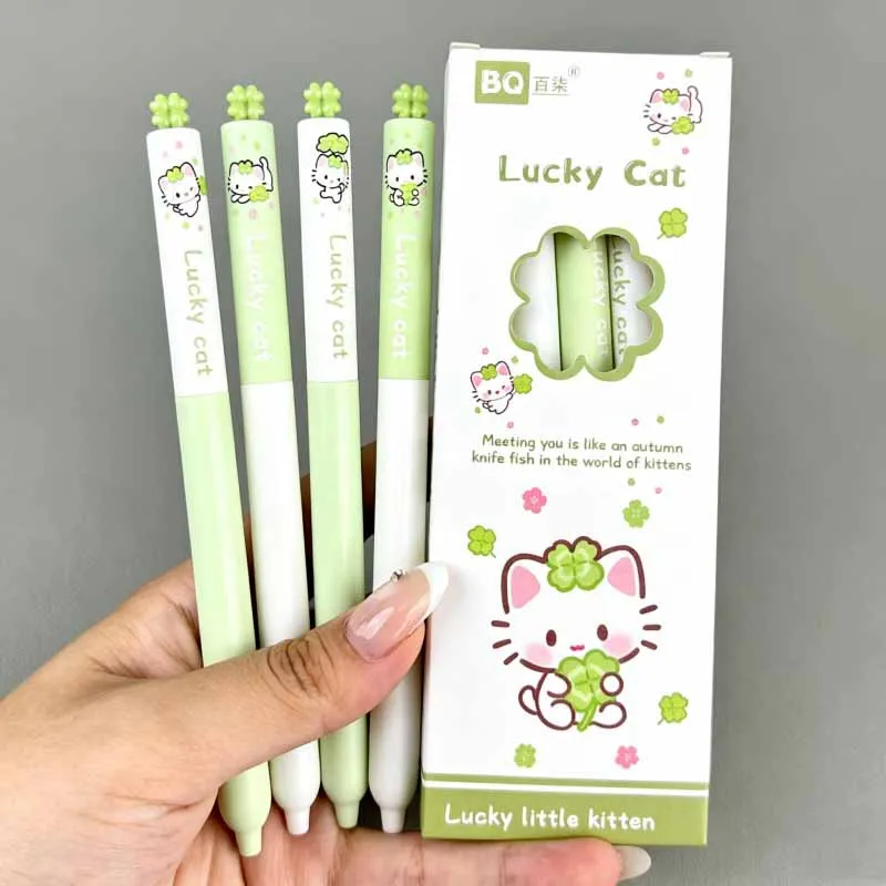 40pcs/lot Kawaii Four-Leaf Clover Cat Gel Pen Cute 0.5mm Black Ink Signature Pens Promotional Gift Office School Supplies