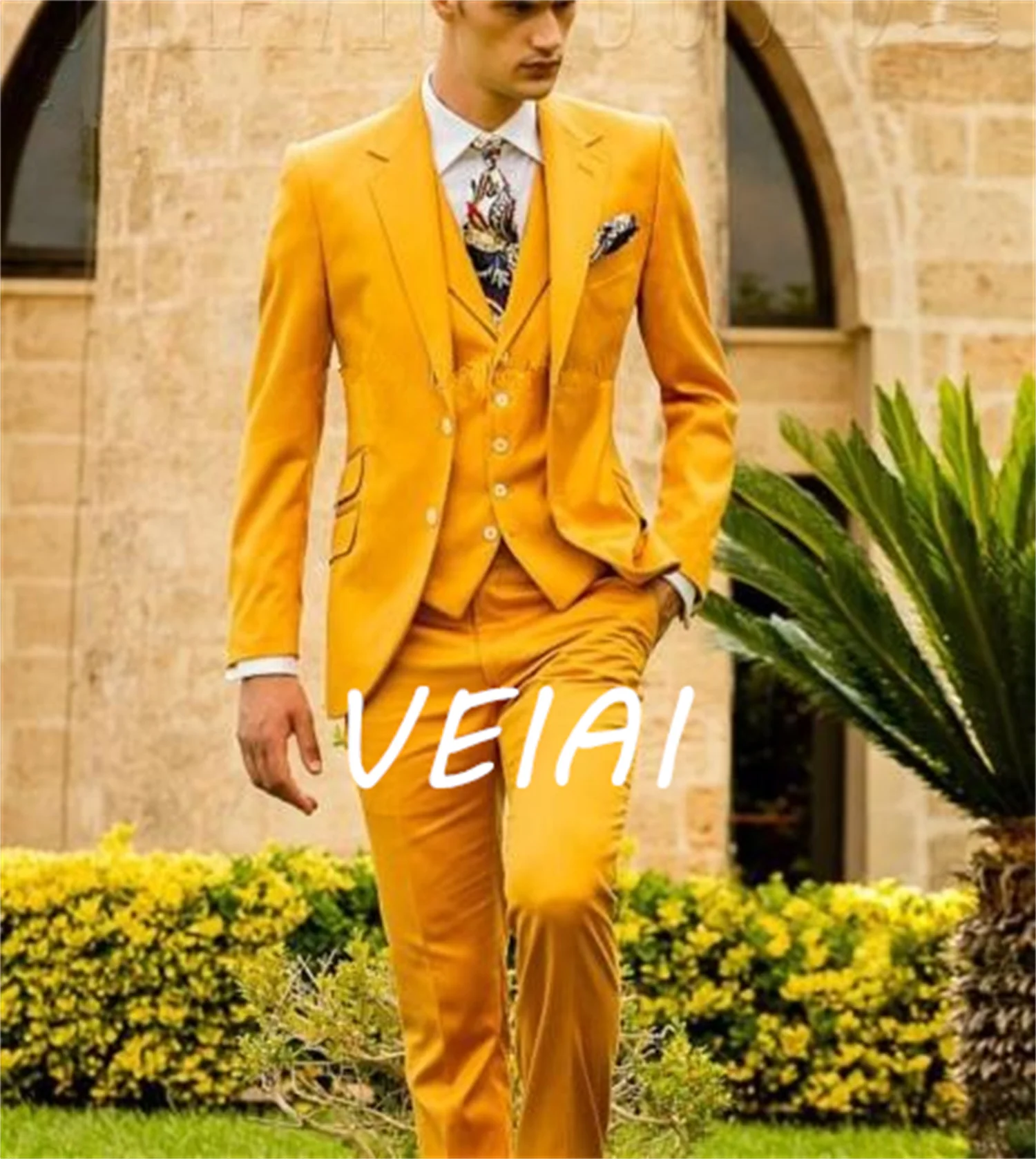 

CustomizedMasculin Yellow Fashion Men's Slim Fit Custom Men Business Prom Wedding Suits 3 Pieces Set Traje Hombre Jacket Vest Pa