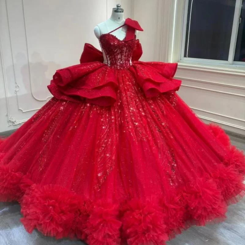 

Shiny Red Quinceanera Dress glitter crystal Decal Long tail Lace ruffle layering Bow Vestidos De 15 Quinceanera ﻿Customize
