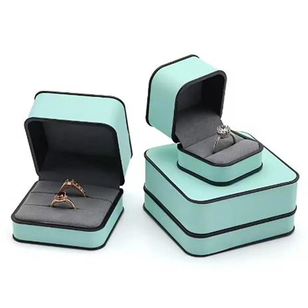 

Luxury Rectangular PU Jewelry Box Black Edge Fashion Flap Jewelry Packaging Boxes Round Corner Ring Gift Box Wedding