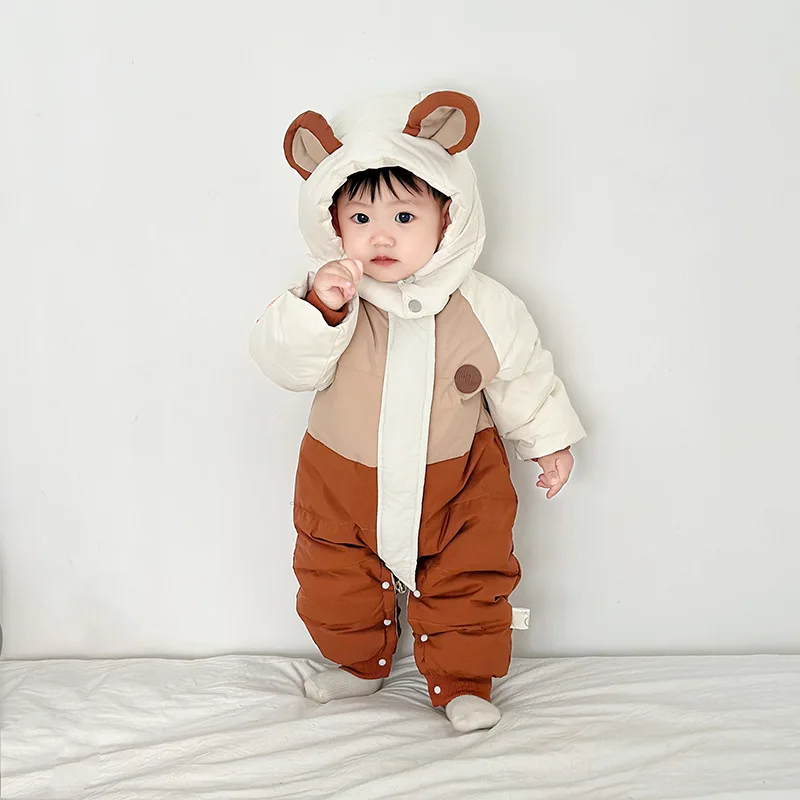 

Baby Down Jacket Onesie Winter Hooded 90% White Duck Down Boys and Girls Babies Out Clothes Casual Patchwork Color Thick Coats