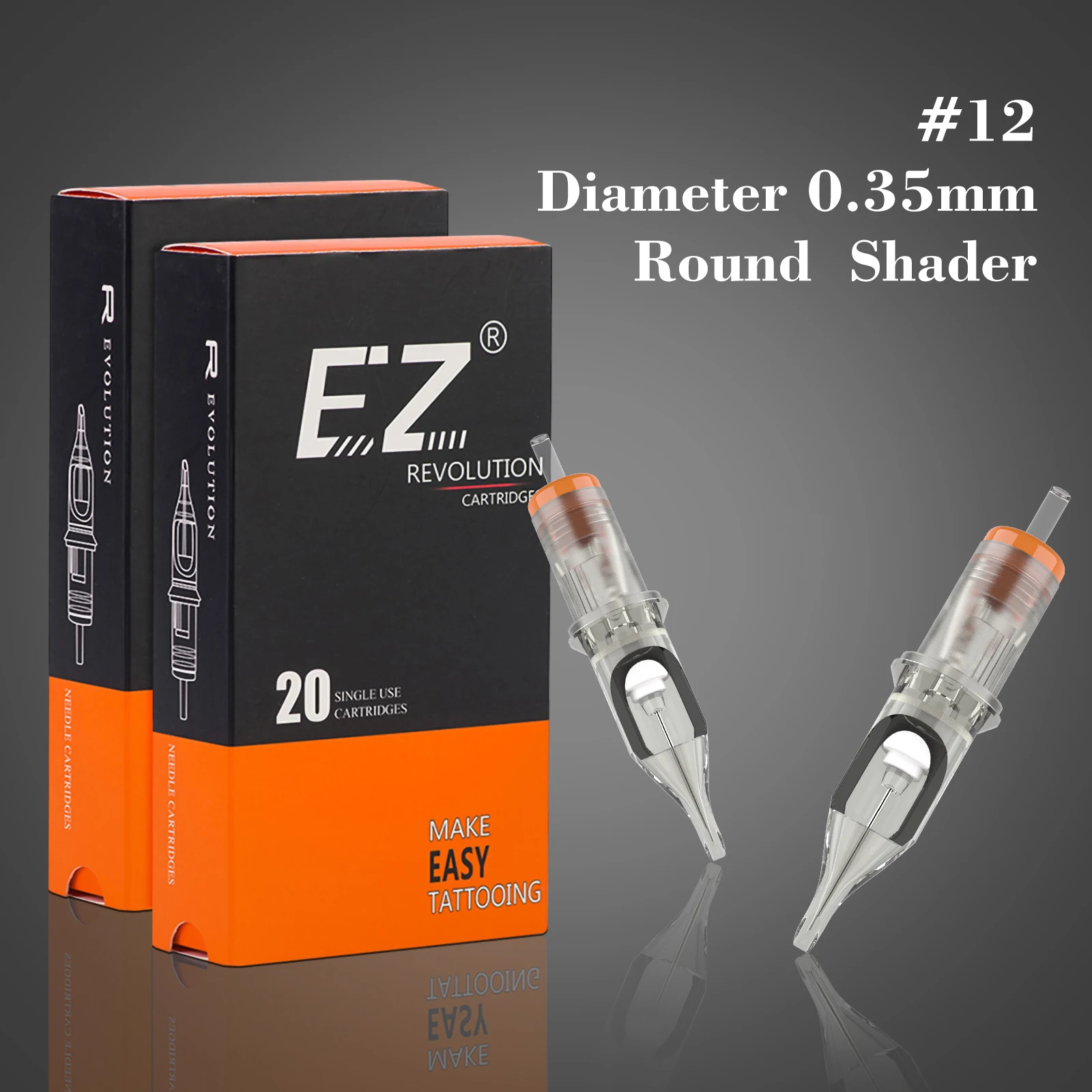 EZ Revolution Cartridge jarum tato, Shader bulat (RS) #12 0.35mm panjang lancip untuk kartrid pegangan mesin tato 20 buah/kotak