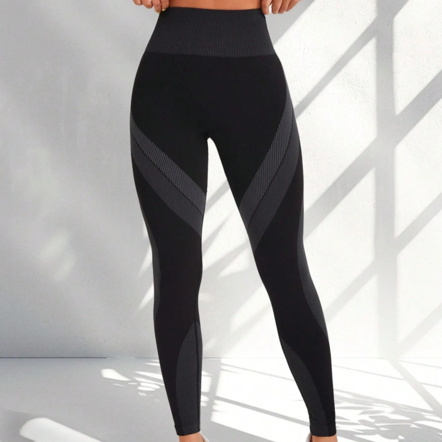 กางเกงโยคะผู้หญิงแบบไร้ตะเข็บ ลายทาง เอวสูง ยกสะโพก ผ้าถักแน่น สำหรับออกกำลังกาย ฟิตเนส โยคะ