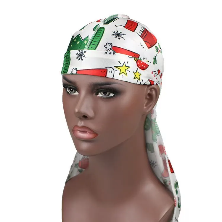 Christmas Two-tone Satin Pirate Hat Durag Bandanna Turban Silky Long Tailed Women Scarf Caps Headpiece Headdress Velvet Unisex