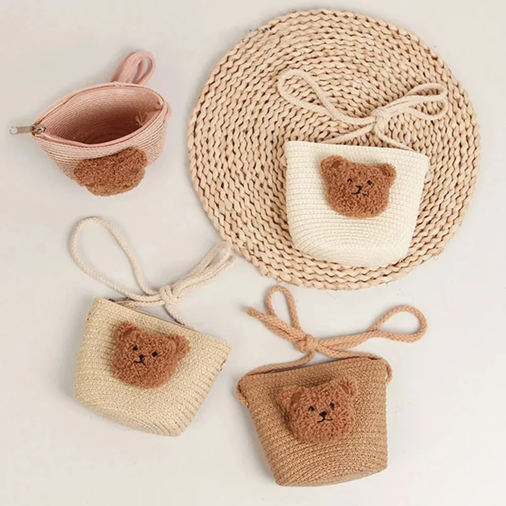 Cute Straw Woven Shoulder Bag Handmade Cartoon Bear Coin Purse Travel Beach Messenger Bags Kids