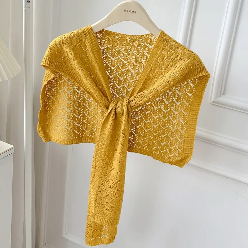 Korean Solid Color Knit Hollow Sunscreen Shawl Femalen Cape Knotted Blouse Air-conditioned Room Neck Protectio Warm Scarf  T28