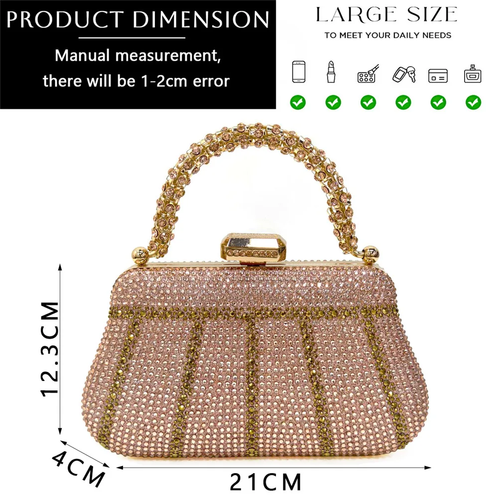 Newest Design Champagne Popular Party Bag Fashion Ladies Bag Rhinestone Handle Tote Stereo Evening Elegant Purse