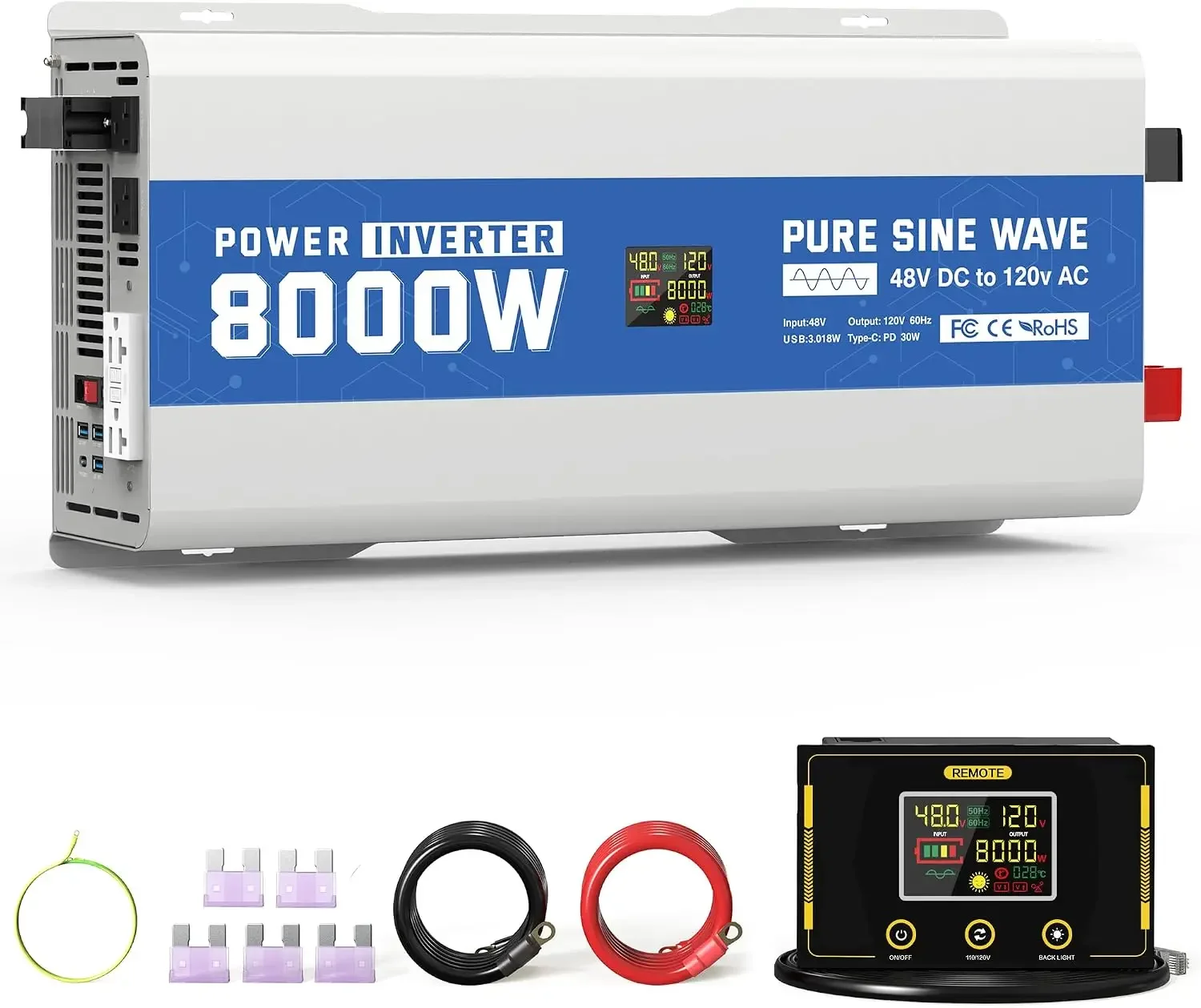 8000 Watt Pure Sine Wave Inverter, 48V DC To 120V AC Power Inverter with LCD Display, GFCI Outlet, USB Port, 4 AC Outlets for Truck, Boat, Camping, Outdoor, Solar System,Gray Blue