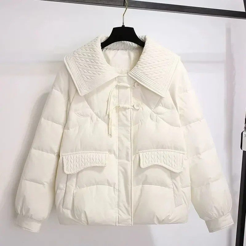 

Doll Collar Buckle Down Cotton-Padded Jacket Women's Overcoat Autumn Winter New Short Plus Size Loose Warm Cotton Jacket Coat